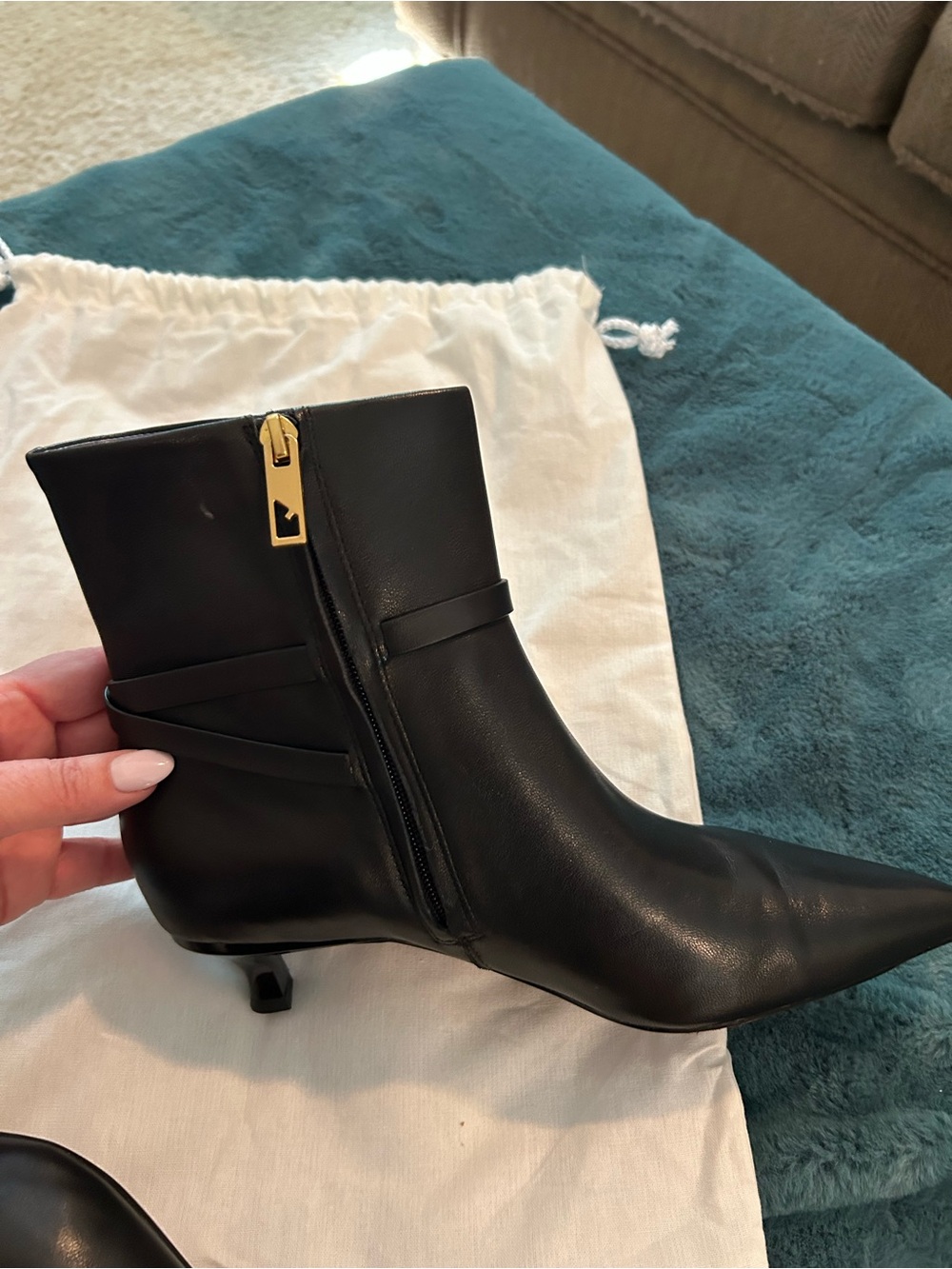 Franco Sarto Black Leather Pointed-Toe Ankle Booties with Gold Z Accent - Picture 5 of 7